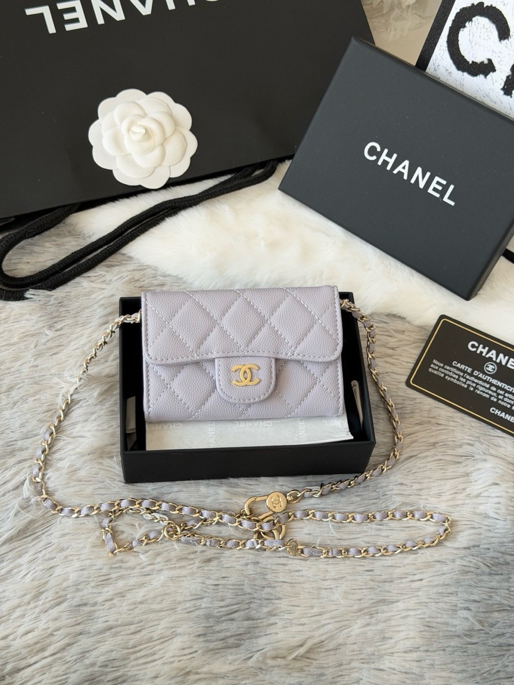 CHANEL Quilted Mini Wallet Crossbody — Light Lavender with Gold Hardware
